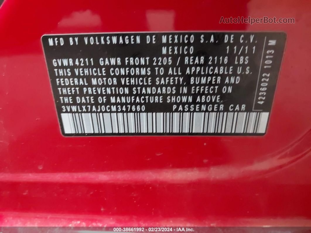 2012 Volkswagen Jetta 2.5l Sel/2.5l Sel Premium Red vin: 3VWLX7AJ0CM347660