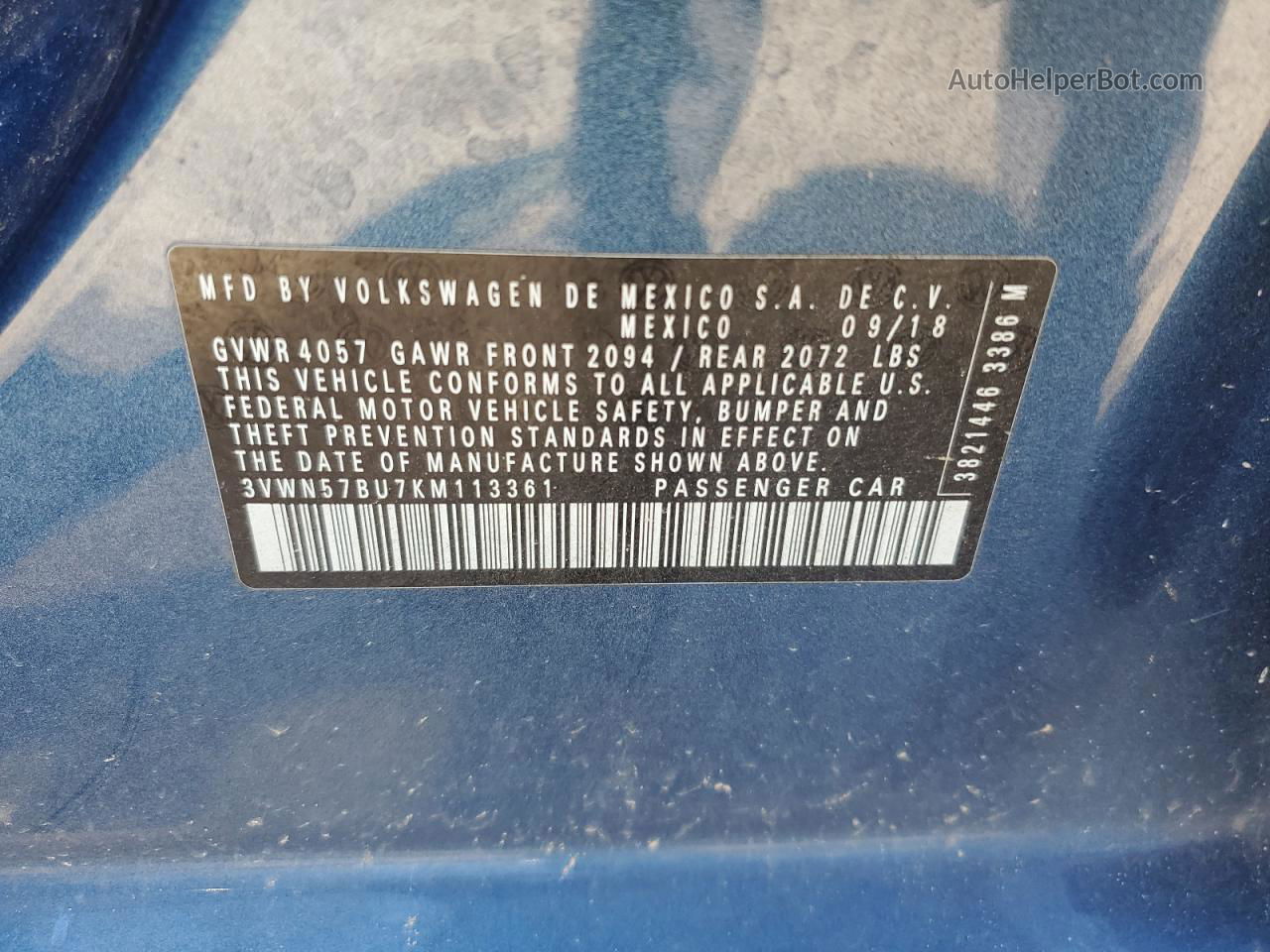 2019 Volkswagen Jetta S Blue vin: 3VWN57BU7KM113361