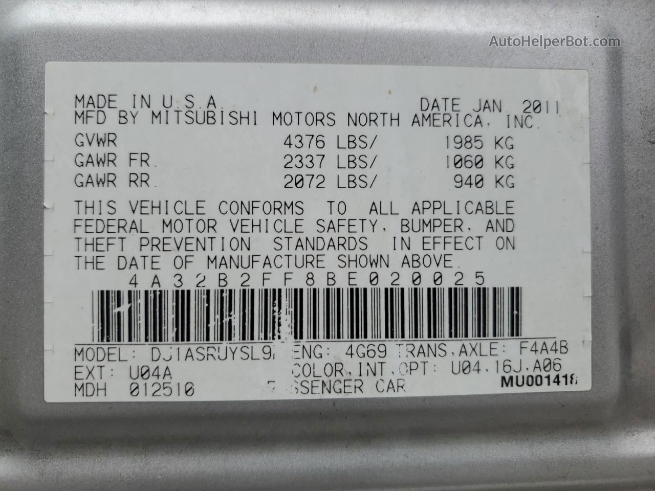 2011 Mitsubishi Galant Fe Silver vin: 4A32B2FF8BE020025