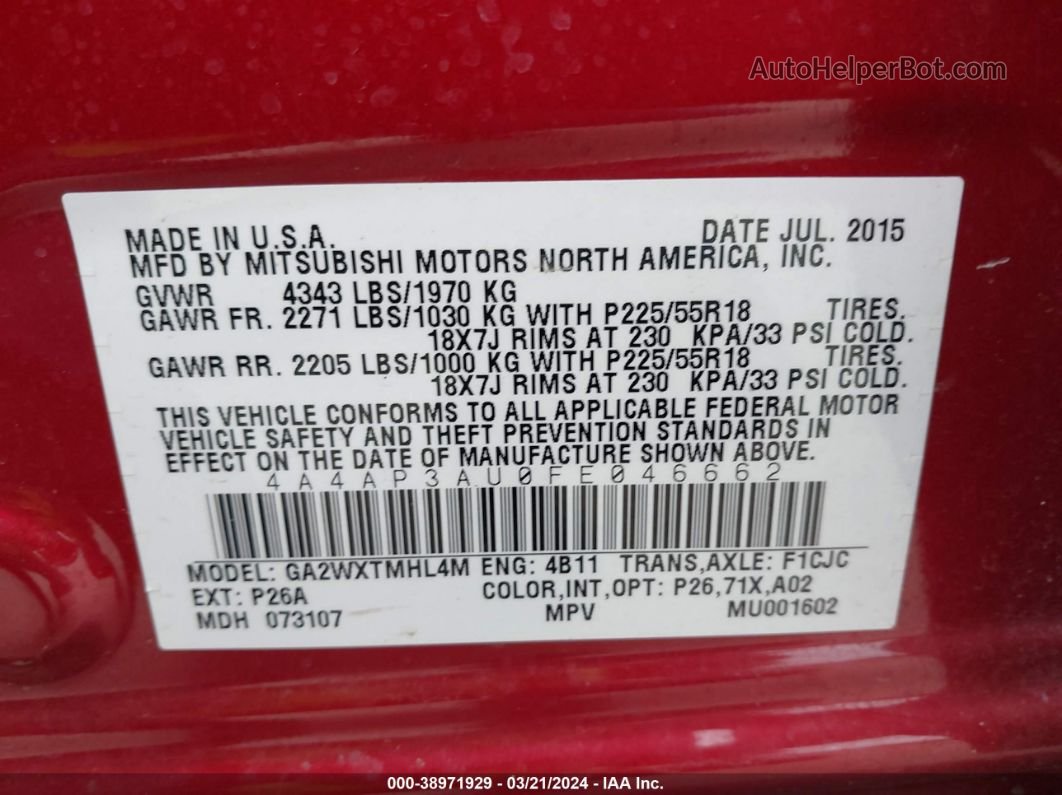 2015 Mitsubishi Outlander Sport Es Red vin: 4A4AP3AU0FE046662