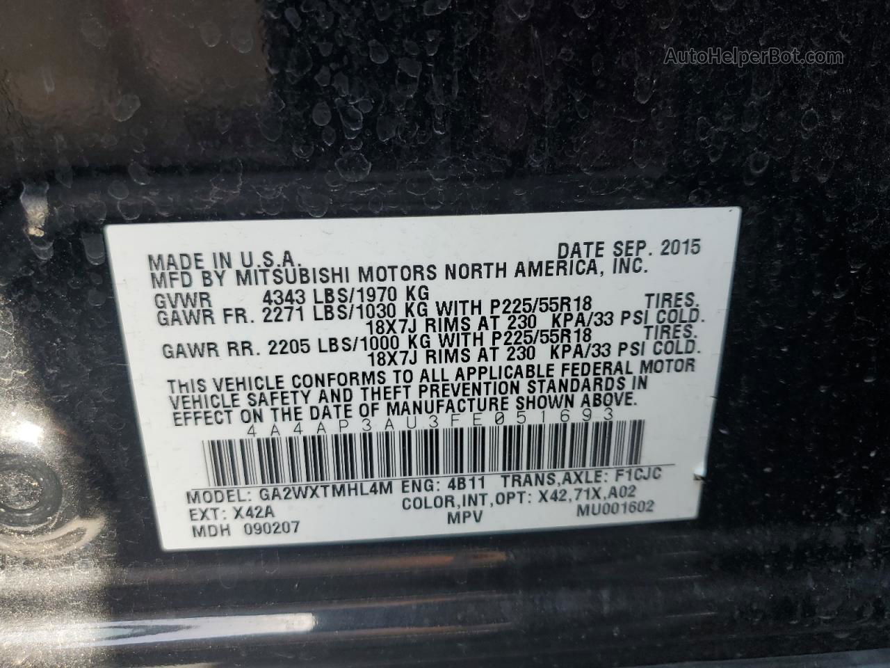 2015 Mitsubishi Outlander Sport Es Black vin: 4A4AP3AU3FE051693