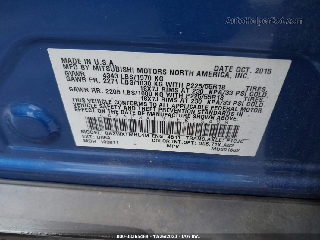2015 Mitsubishi Outlander Sport Es Синий vin: 4A4AP3AU3FE059468