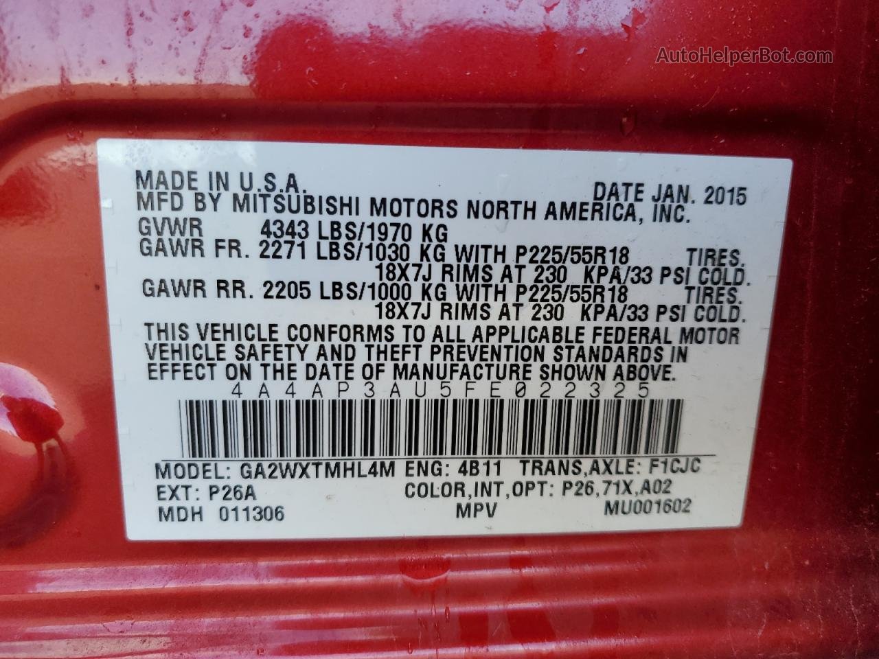 2015 Mitsubishi Outlander Sport Es Красный vin: 4A4AP3AU5FE022325