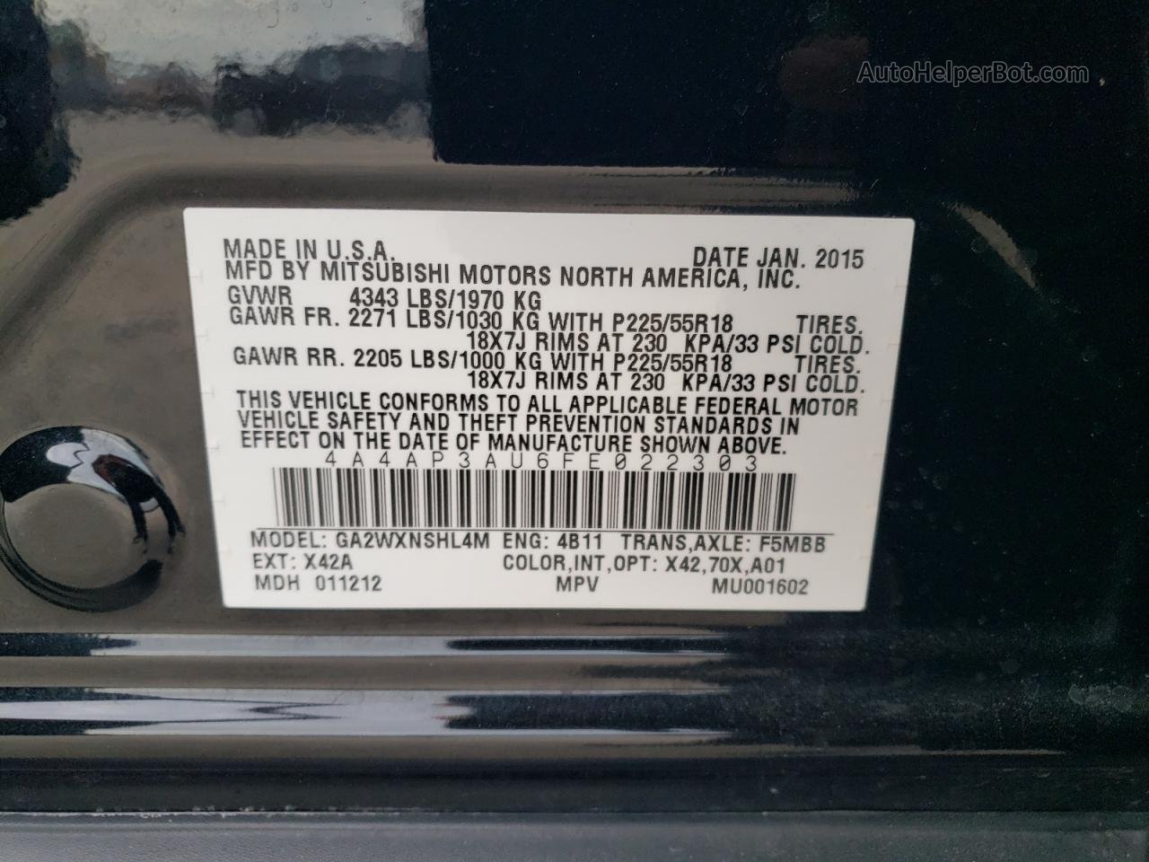 2015 Mitsubishi Outlander Sport Es Black vin: 4A4AP3AU6FE022303