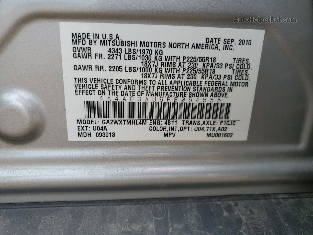 2015 Mitsubishi Outlander Sport Es Silver vin: 4A4AP3AU6FE054555
