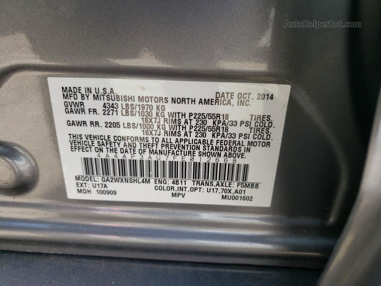 2015 Mitsubishi Outlander Sport Es Silver vin: 4A4AP3AU7FE012668