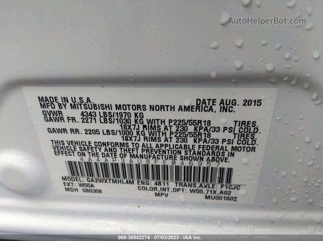 2015 Mitsubishi Outlander Sport Es White vin: 4A4AP3AU8FE046957