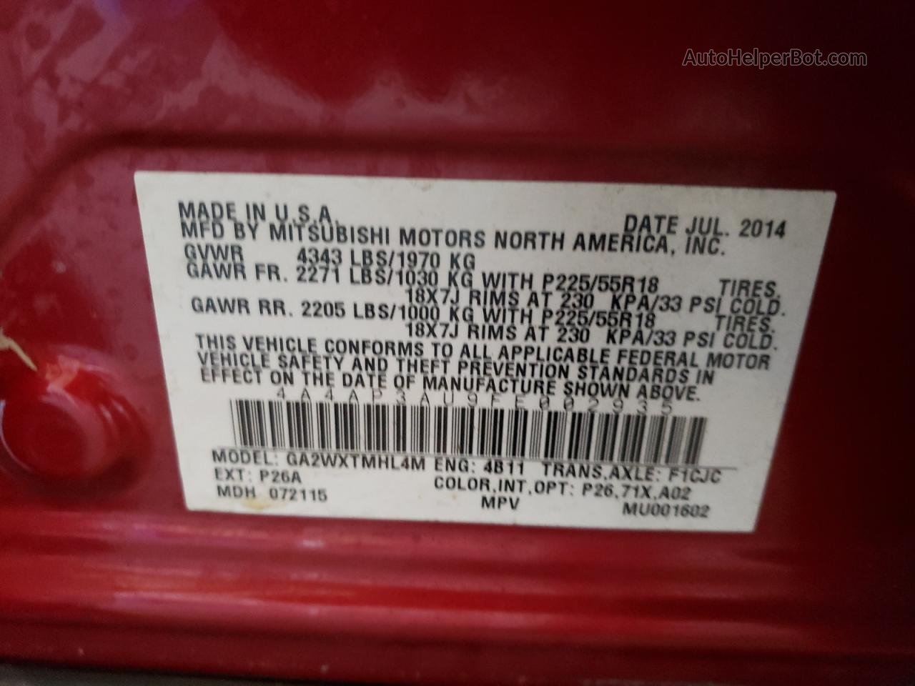 2015 Mitsubishi Outlander Sport Es Red vin: 4A4AP3AU9FE002935