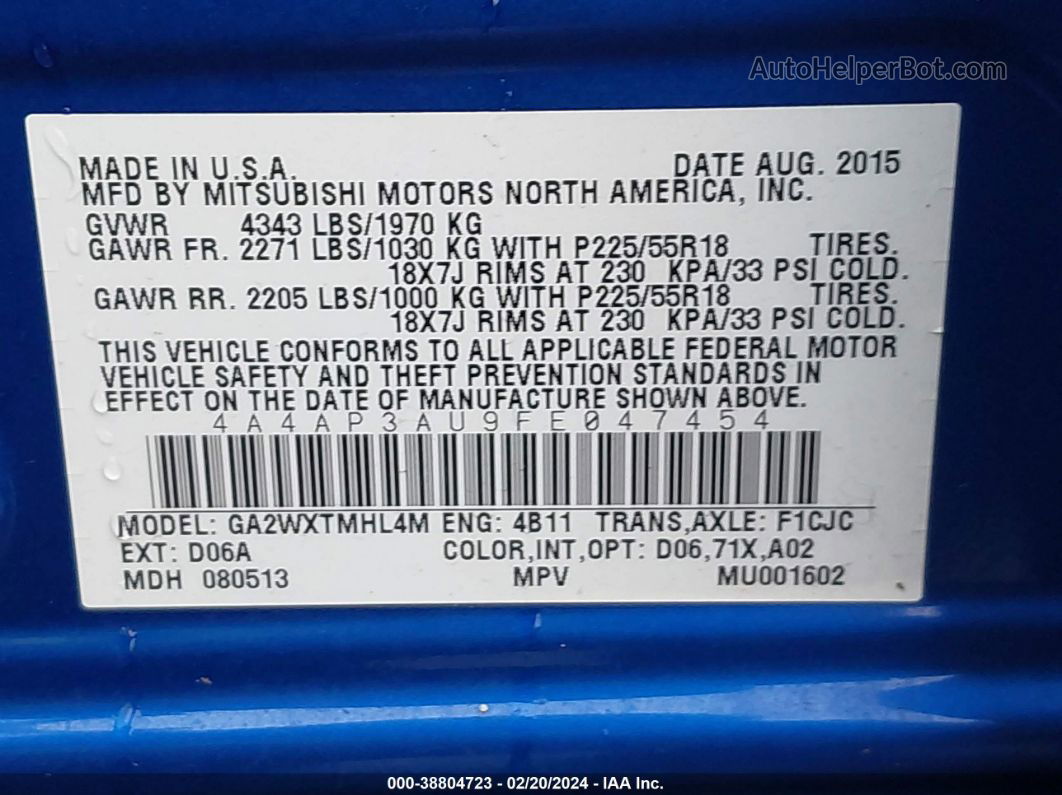 2015 Mitsubishi Outlander Sport Es Blue vin: 4A4AP3AU9FE047454