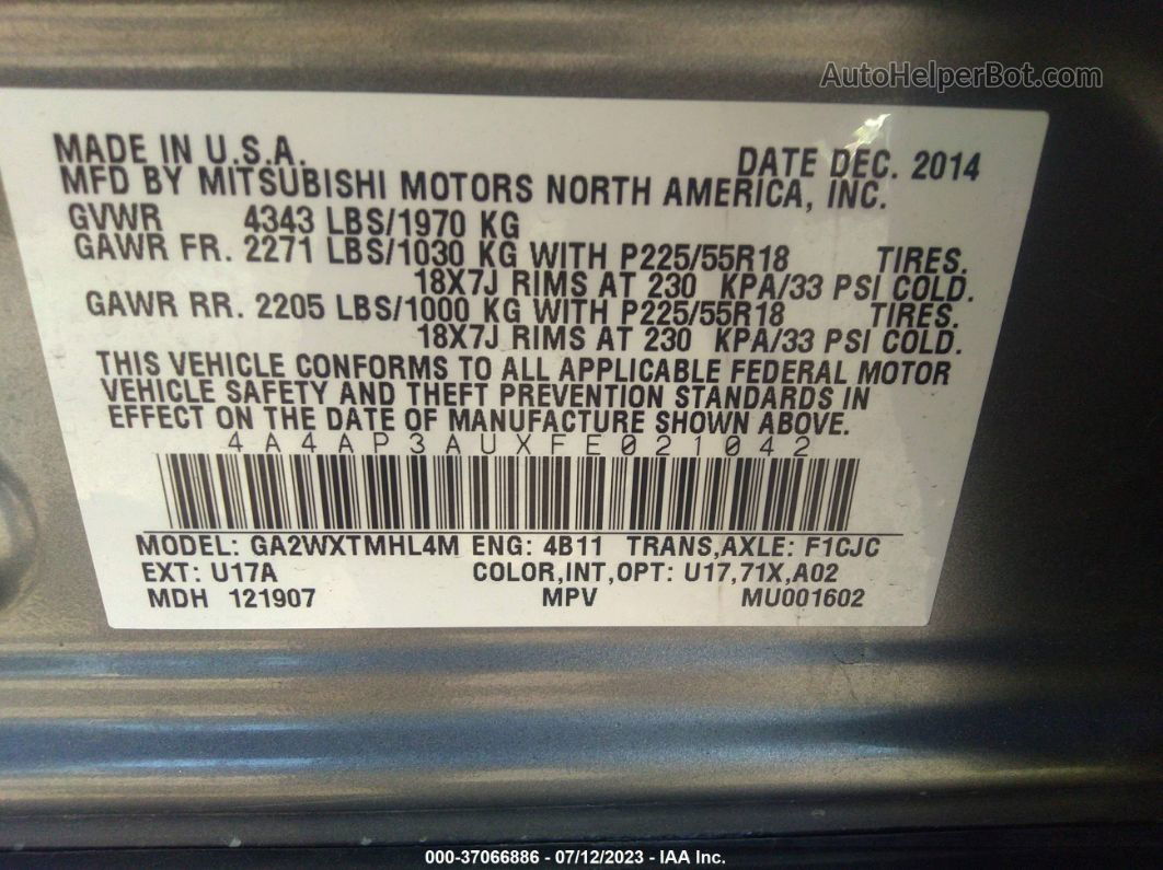 2015 Mitsubishi Outlander Sport Es Silver vin: 4A4AP3AUXFE021042