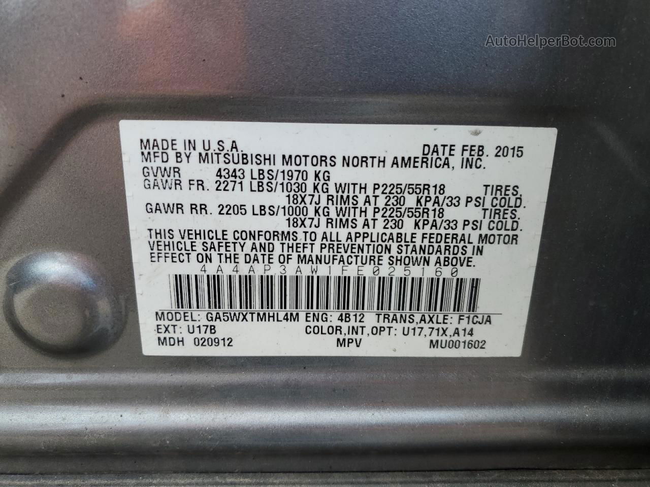2015 Mitsubishi Outlander Sport Es Gray vin: 4A4AP3AW1FE025160