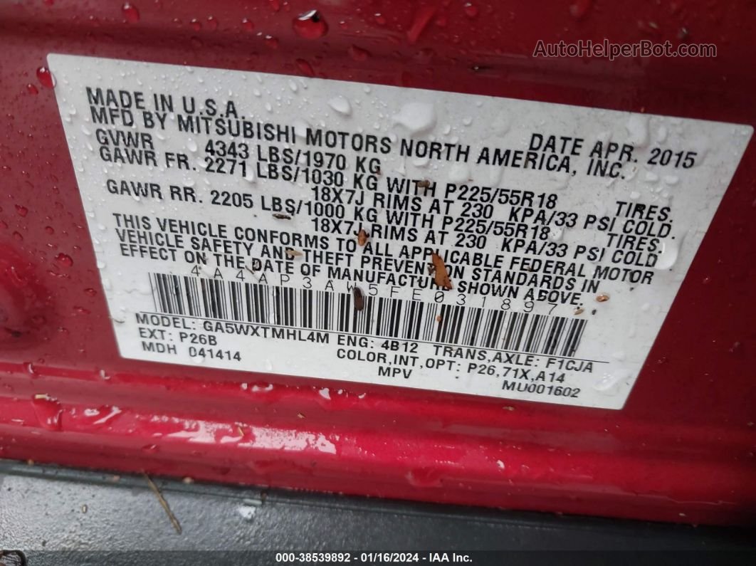 2015 Mitsubishi Outlander Sport Es Red vin: 4A4AP3AW5FE031897