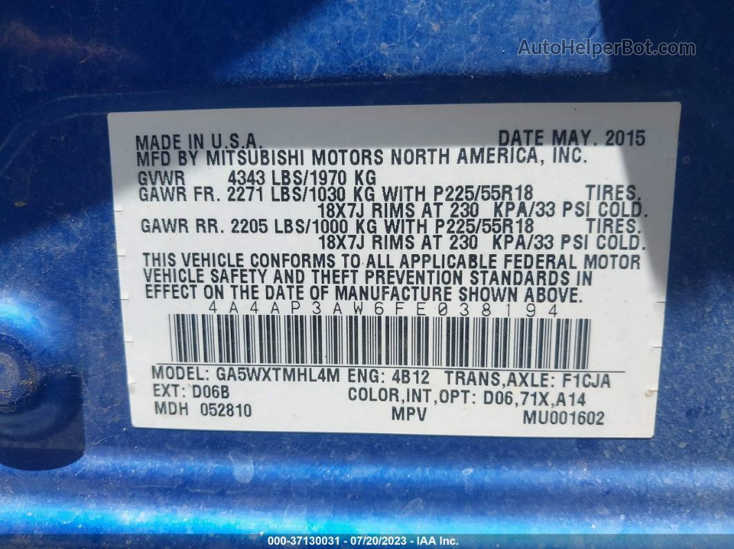 2015 Mitsubishi Outlander Sport 2.4 Es Синий vin: 4A4AP3AW6FE038194