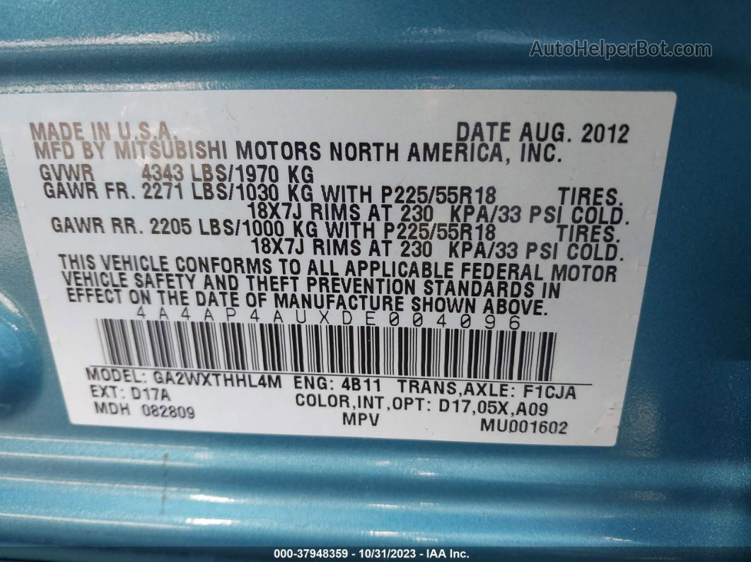 2013 Mitsubishi Outlander Sport Se Blue vin: 4A4AP4AUXDE004096