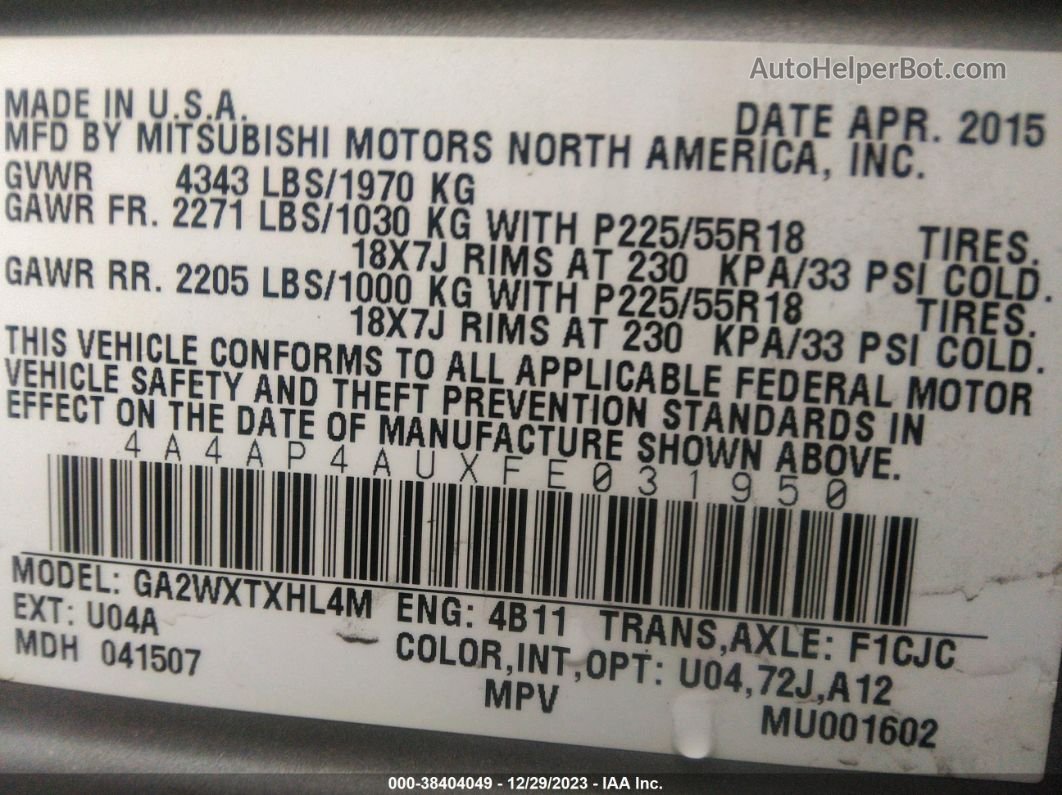 2015 Mitsubishi Outlander Sport Se Silver vin: 4A4AP4AUXFE031950