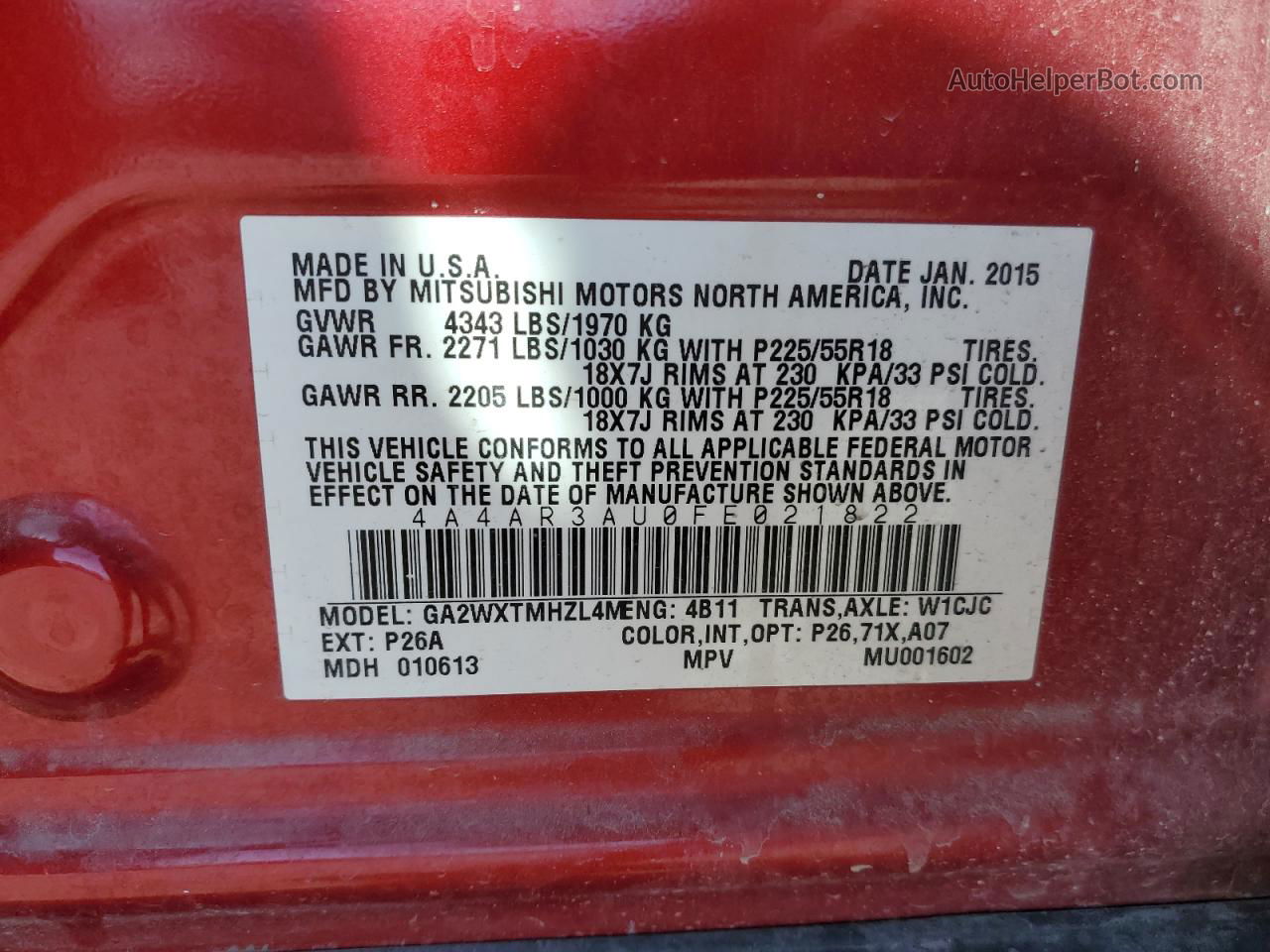 2015 Mitsubishi Outlander Sport Es Red vin: 4A4AR3AU0FE021822