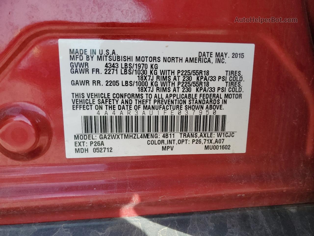 2015 Mitsubishi Outlander Sport Es Red vin: 4A4AR3AU1FE037950