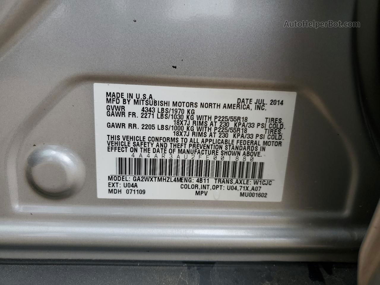 2015 Mitsubishi Outlander Sport Es Silver vin: 4A4AR3AU2FE001880