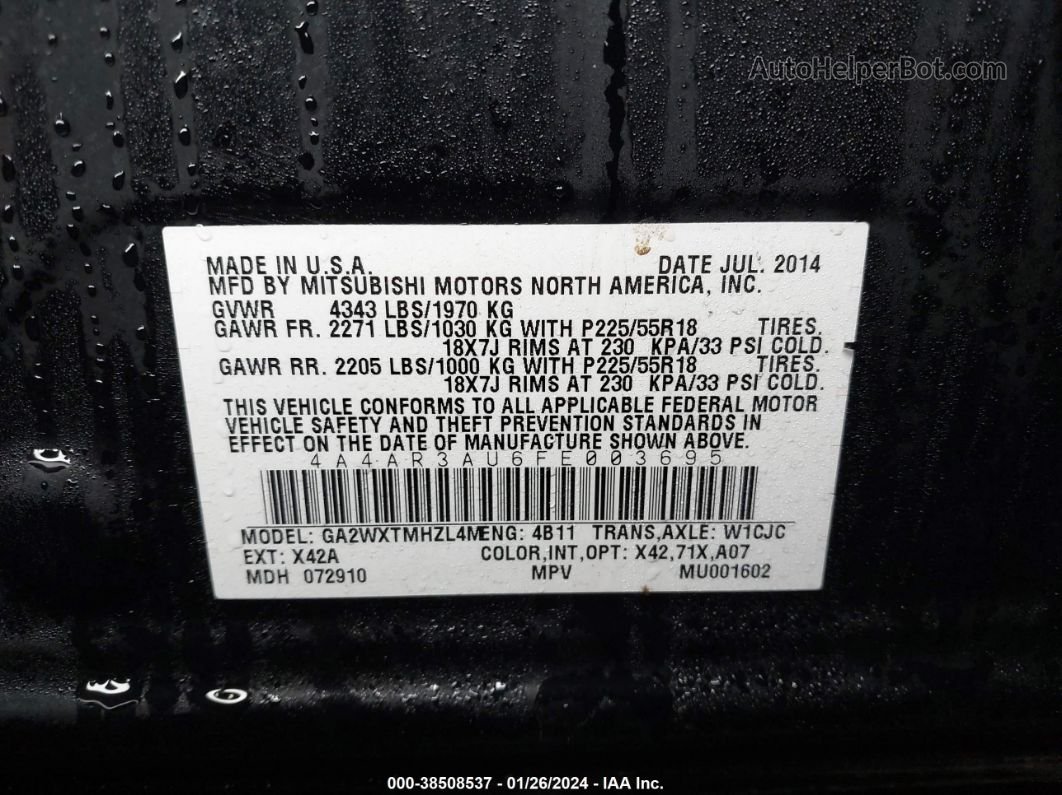 2015 Mitsubishi Outlander Sport Es Black vin: 4A4AR3AU6FE003695