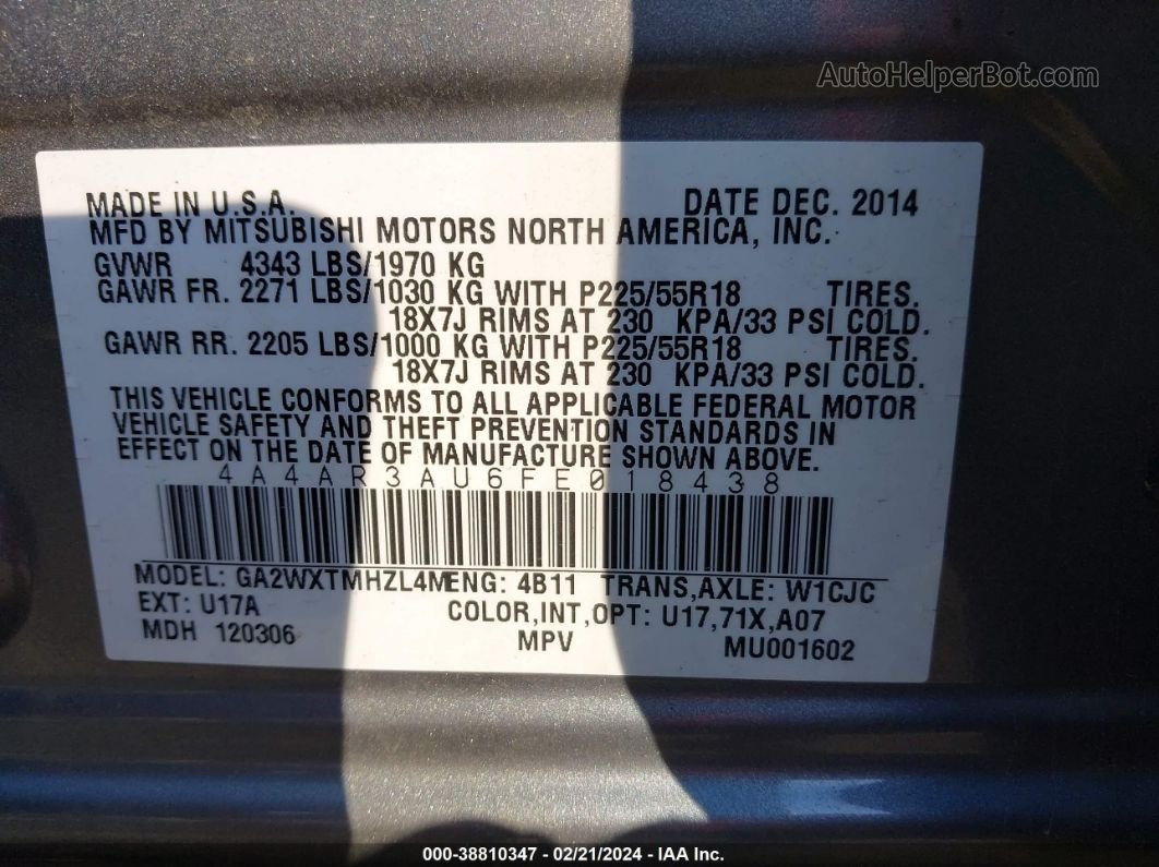 2015 Mitsubishi Outlander Sport Es Silver vin: 4A4AR3AU6FE018438