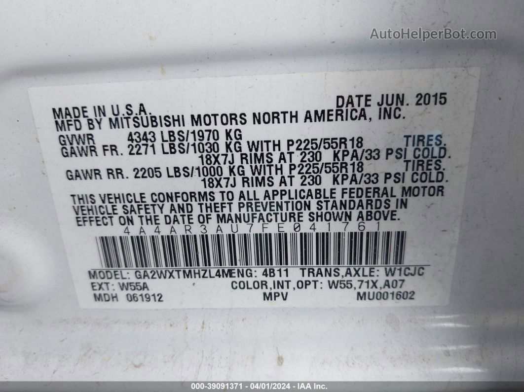 2015 Mitsubishi Outlander Sport Es Белый vin: 4A4AR3AU7FE041761