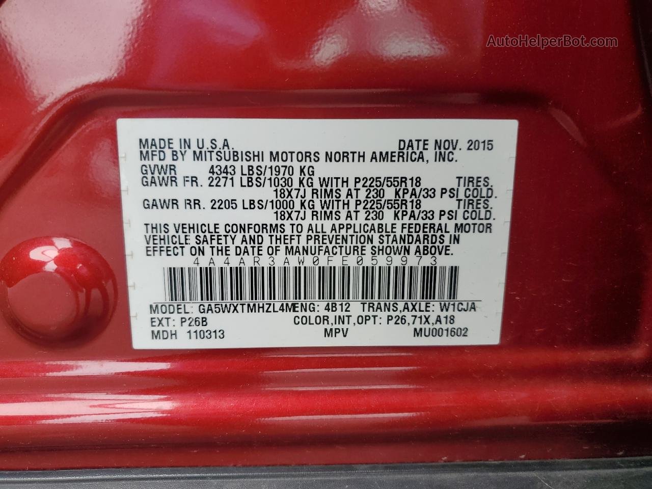 2015 Mitsubishi Outlander Sport Es Красный vin: 4A4AR3AW0FE059973