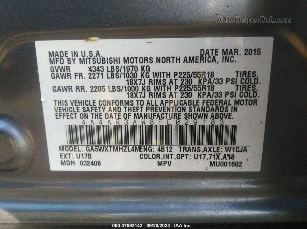 2015 Mitsubishi Outlander Sport 2.4 Es Gray vin: 4A4AR3AW8FE029183