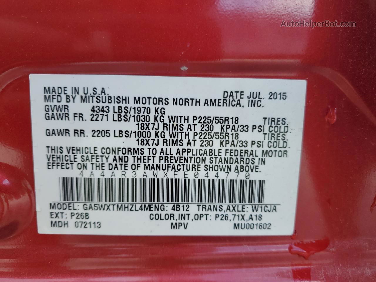 2015 Mitsubishi Outlander Sport Es Red vin: 4A4AR3AWXFE044770