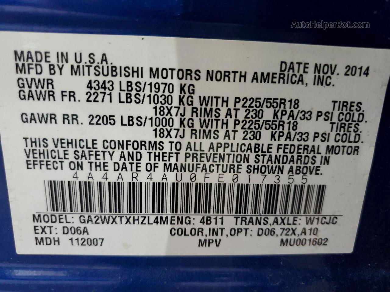 2015 Mitsubishi Outlander Sport Se Blue vin: 4A4AR4AU0FE017355