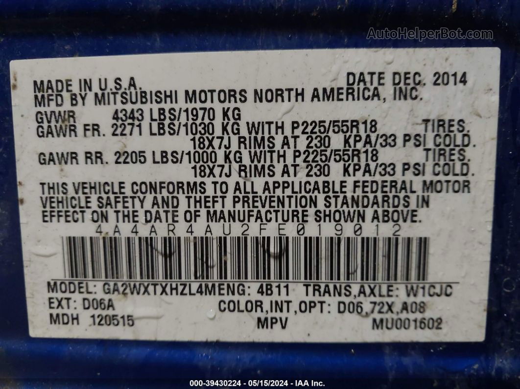 2015 Mitsubishi Outlander Sport Se Blue vin: 4A4AR4AU2FE019012