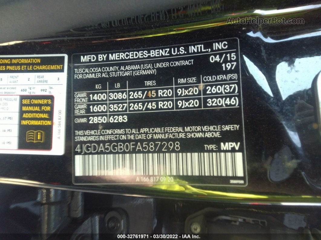 2015 Mercedes-benz M-class Ml 400 Черный vin: 4JGDA5GB0FA587298