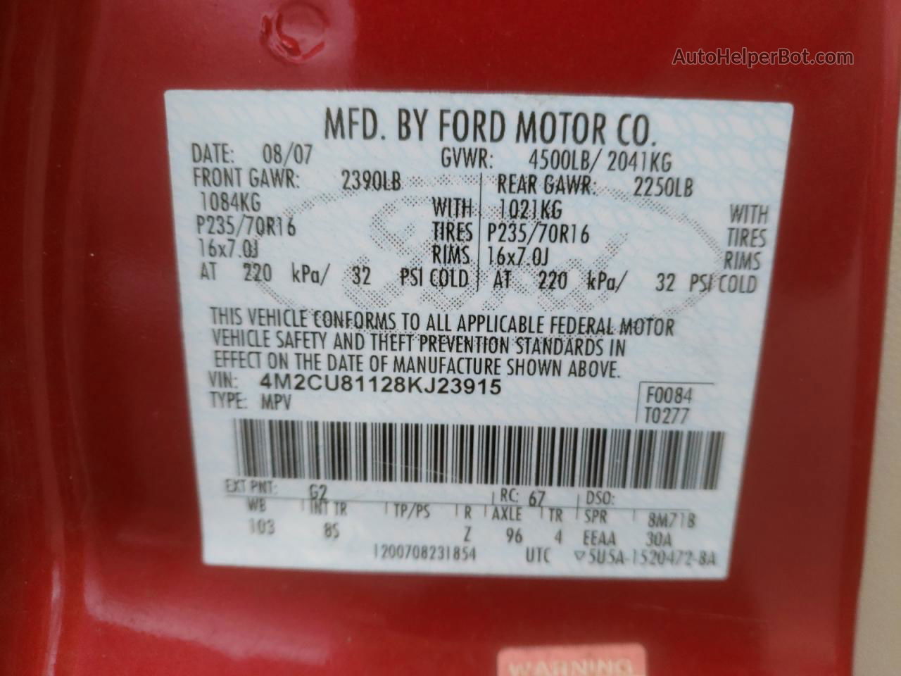 2008 Mercury Mariner  Red vin: 4M2CU81128KJ23915