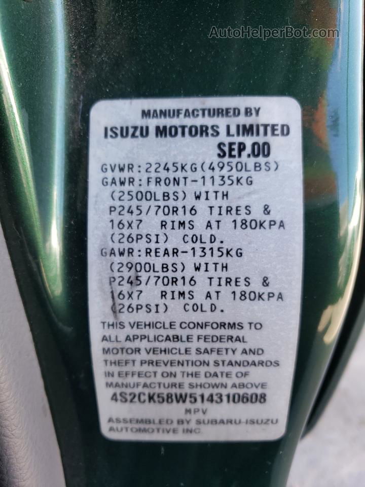 2001 Isuzu Rodeo S Green vin: 4S2CK58W514310608