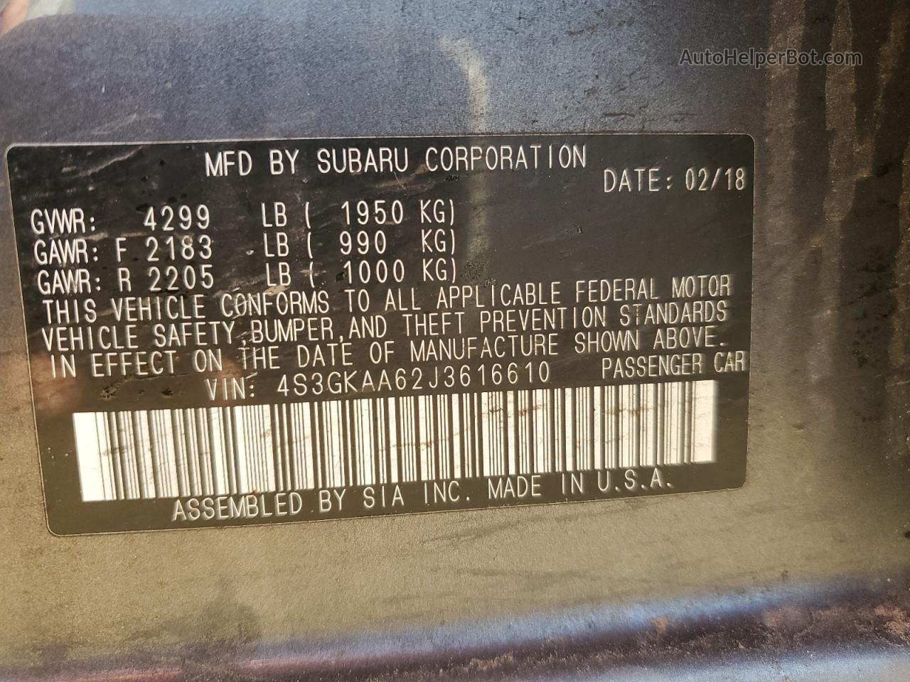 2018 Subaru Impreza  Угольный vin: 4S3GKAA62J3616610
