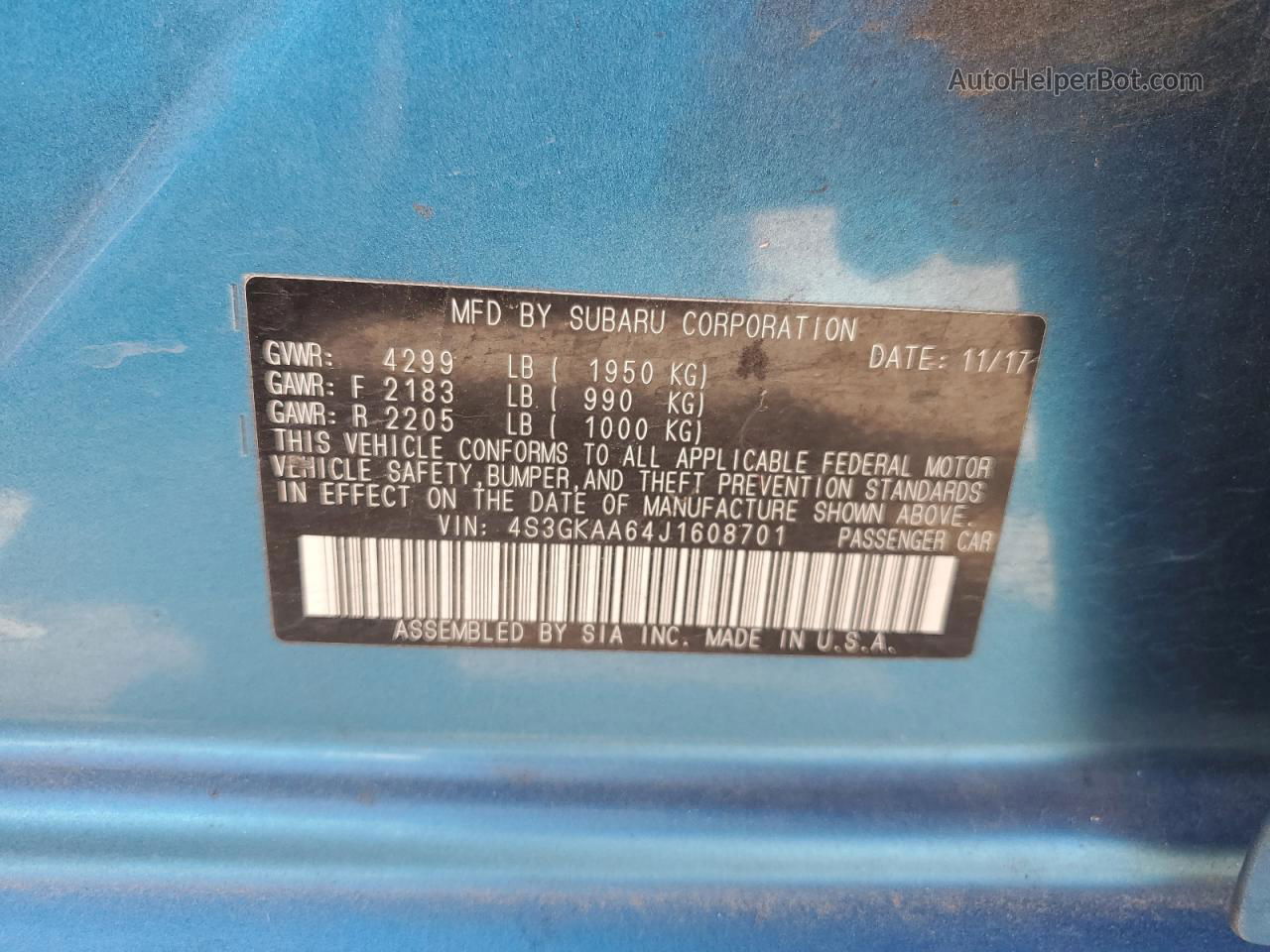 2018 Subaru Impreza  Blue vin: 4S3GKAA64J1608701