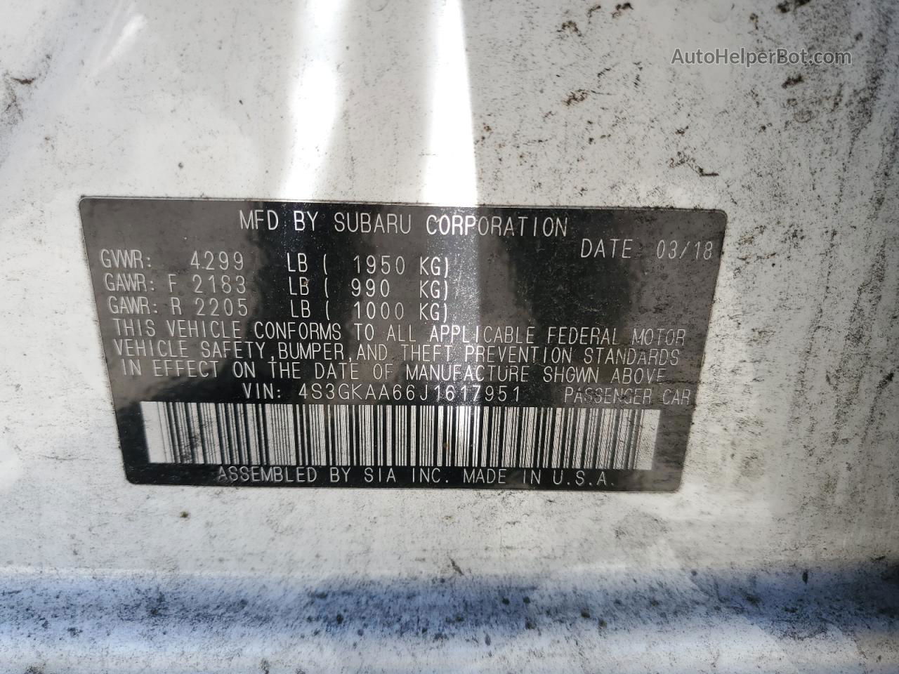 2018 Subaru Impreza  Белый vin: 4S3GKAA66J1617951