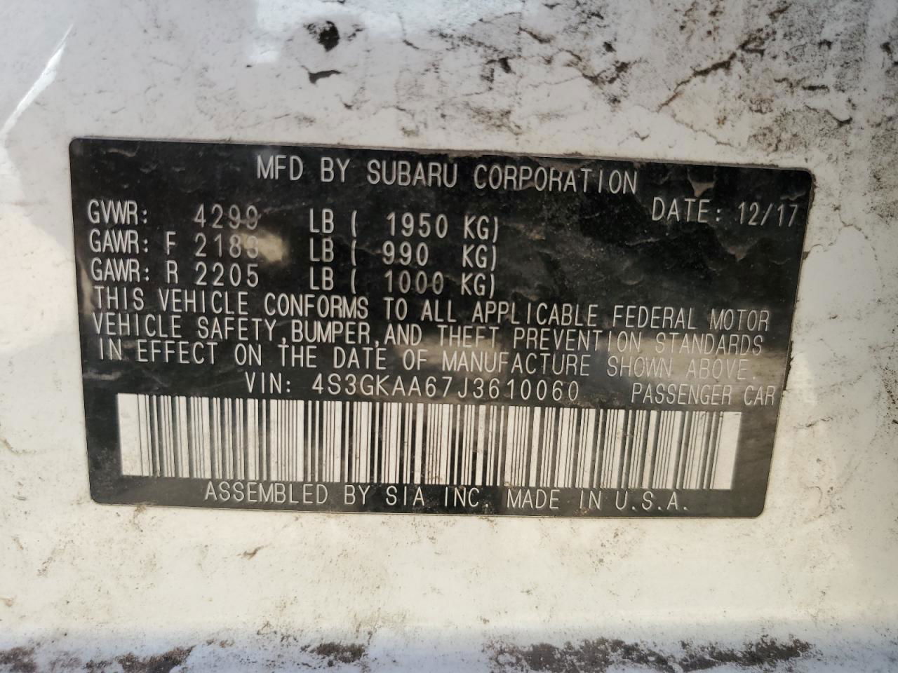 2018 Subaru Impreza  White vin: 4S3GKAA67J3610060