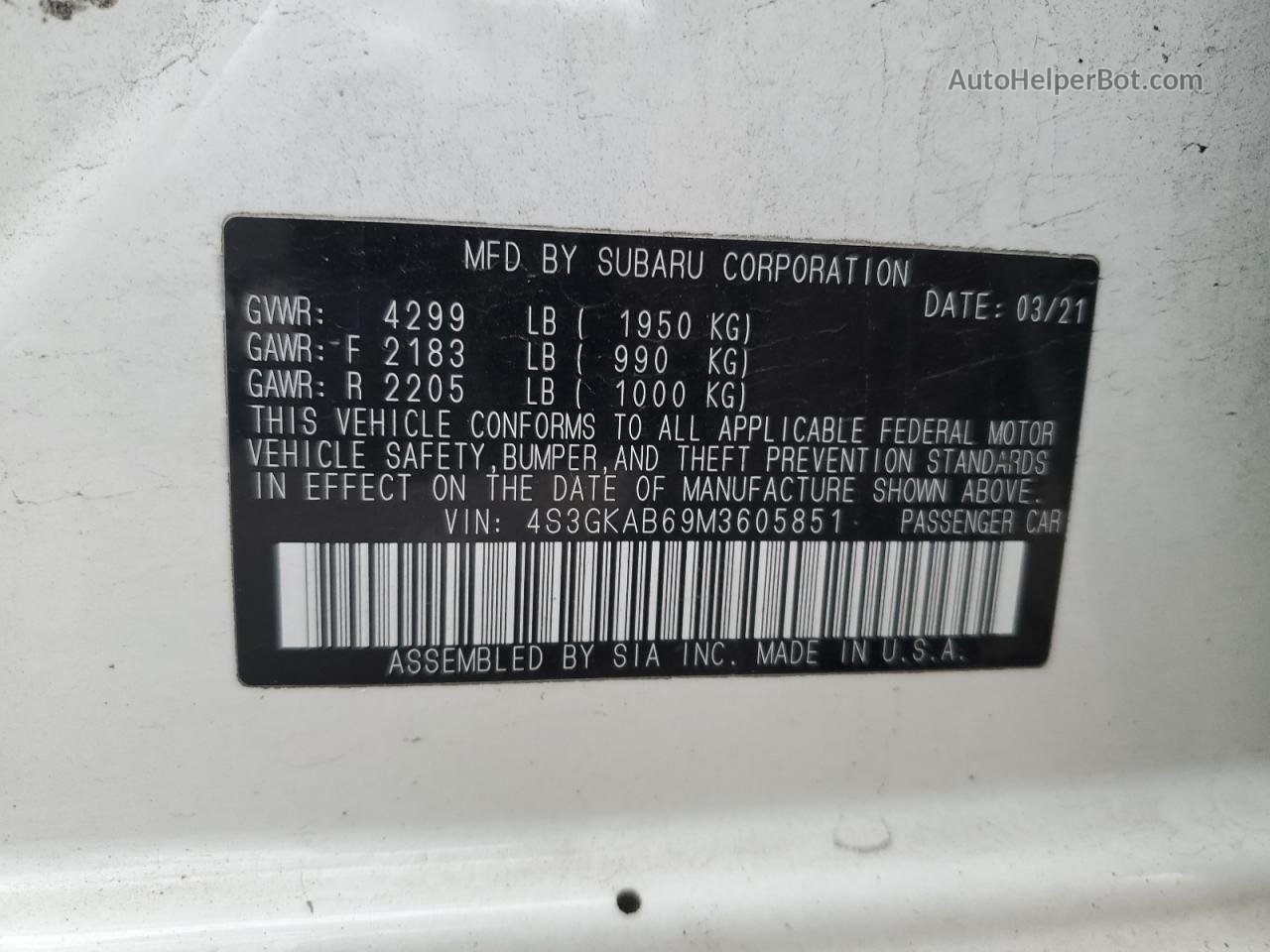 2021 Subaru Impreza  White vin: 4S3GKAB69M3605851