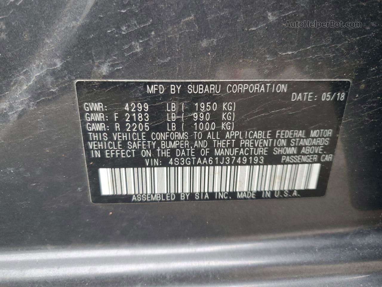 2018 Subaru Impreza  Gray vin: 4S3GTAA61J3749193