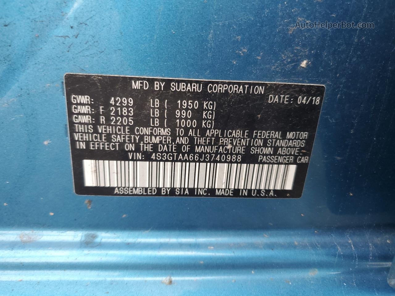 2018 Subaru Impreza  Blue vin: 4S3GTAA66J3740988