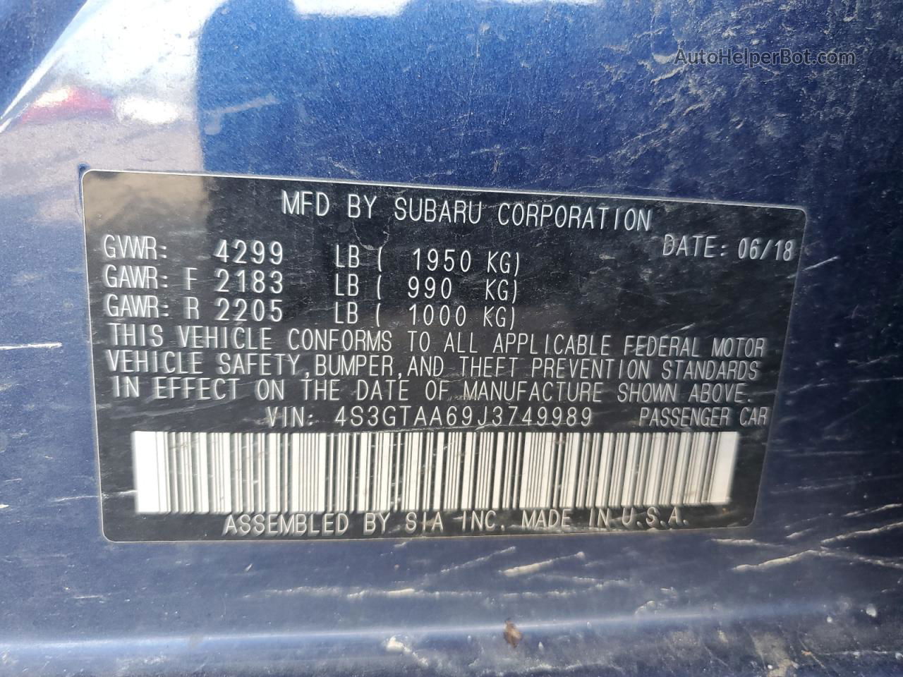2018 Subaru Impreza  Blue vin: 4S3GTAA69J3749989