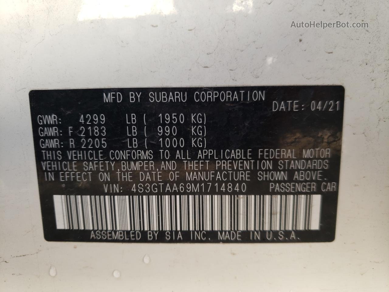 2021 Subaru Impreza  White vin: 4S3GTAA69M1714840