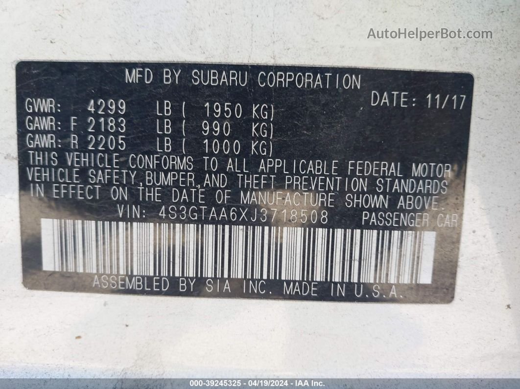 2018 Subaru Impreza 2.0i Белый vin: 4S3GTAA6XJ3718508