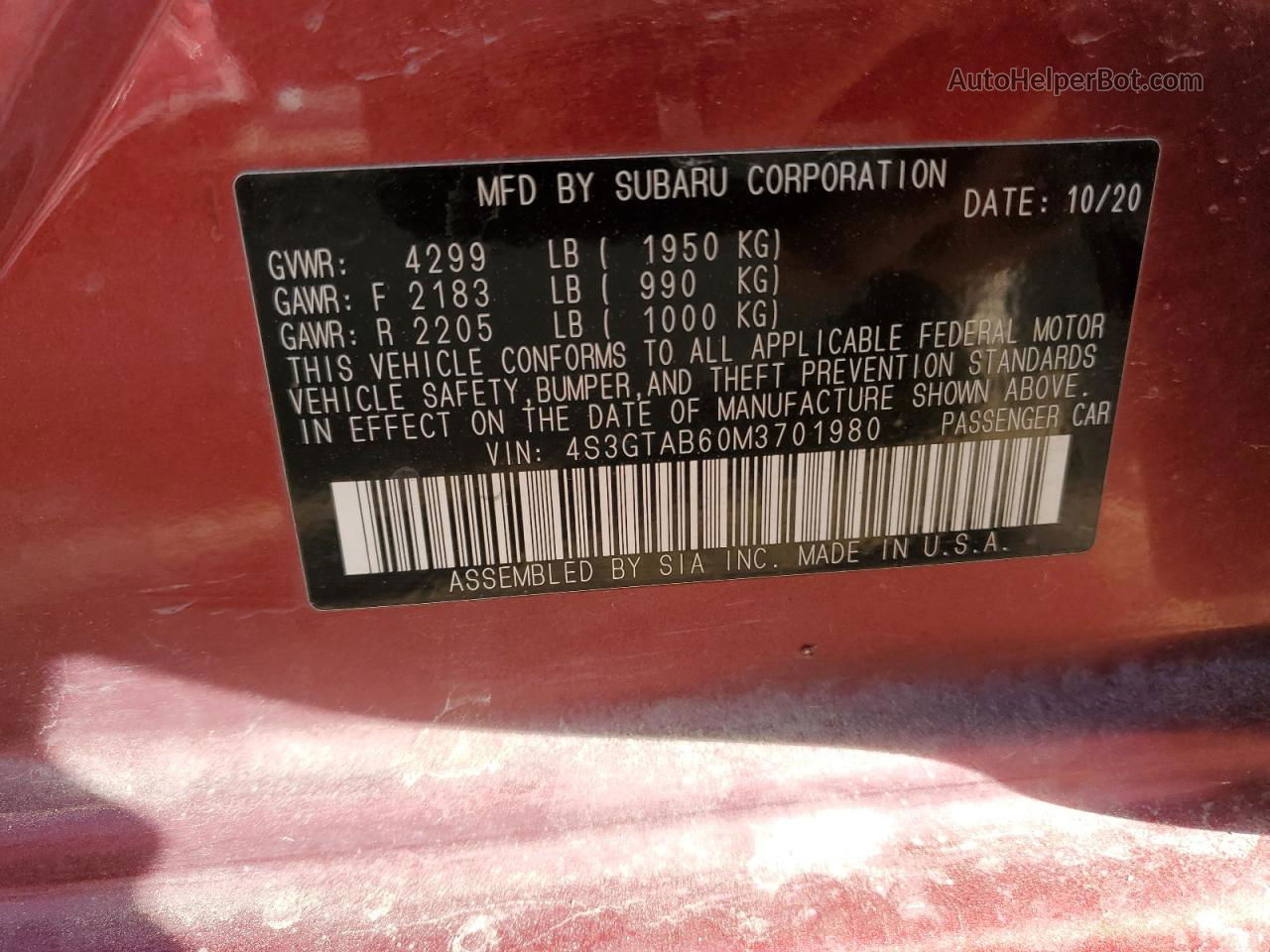 2021 Subaru Impreza  Red vin: 4S3GTAB60M3701980