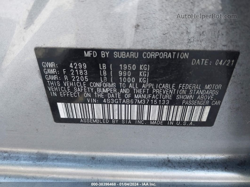 2021 Subaru Impreza 5-door Серебряный vin: 4S3GTAB67M3715133