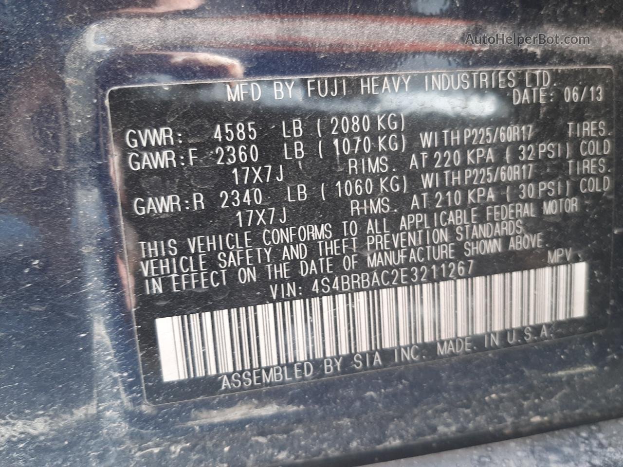 2014 Subaru Outback 2.5i Blue vin: 4S4BRBAC2E3211267