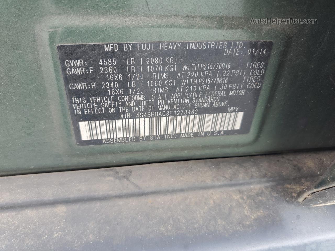 2014 Subaru Outback 2.5i Green vin: 4S4BRBAC3E1273482