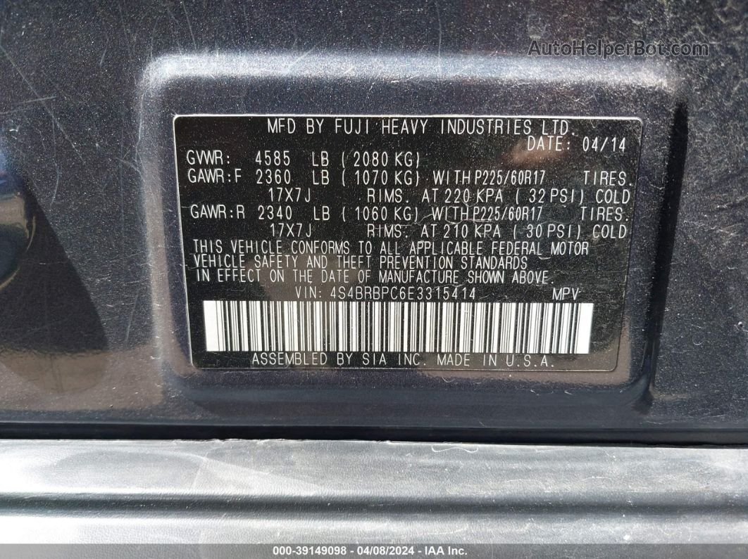 2014 Subaru Outback 2.5i Limited Gray vin: 4S4BRBPC6E3315414