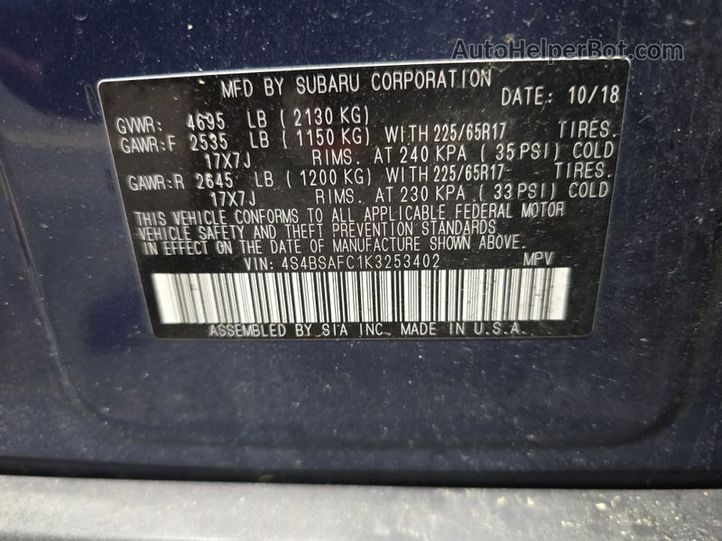 2019 Subaru Outback 2.5i Premium vin: 4S4BSAFC1K3253402