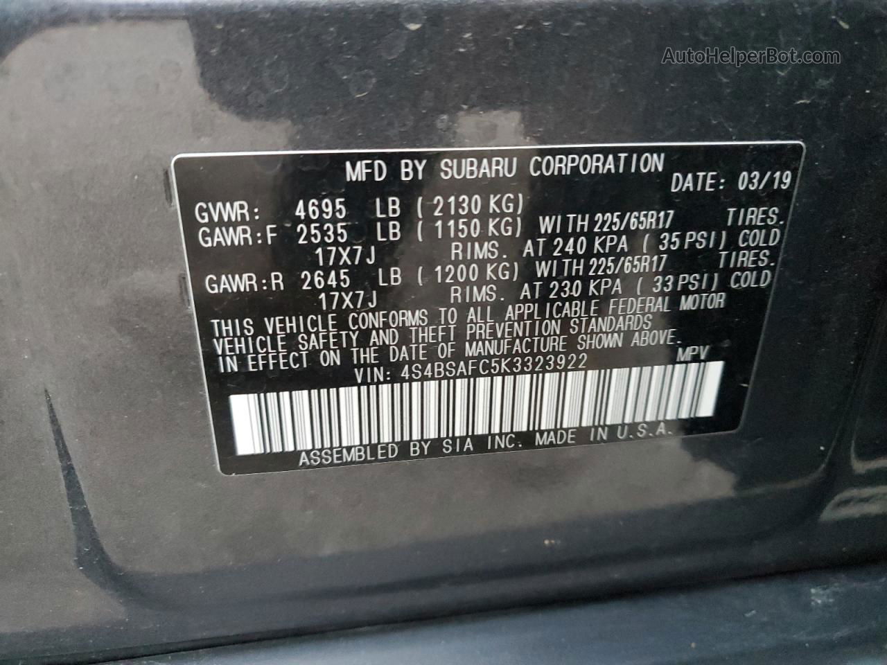 2019 Subaru Outback 2.5i Premium Gray vin: 4S4BSAFC5K3323922